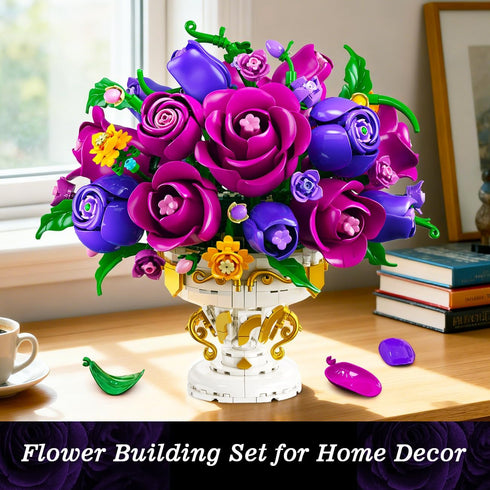 Set 905 18 12+ PLAXSOON Purple Rose Flower Building with Vase, PCS Mothers Day Botanicals Flowers Bouquet Building