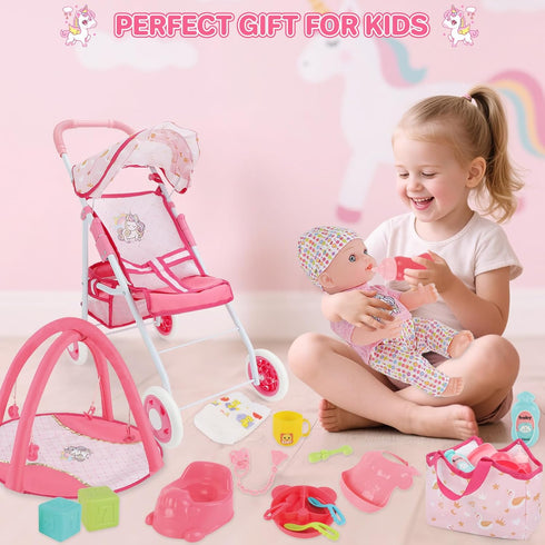 Set 12" Playset 17 3+ deAO Baby Doll Stroller with Baby Dolls Nursery PCS Baby Doll Accessories with Play Mat,Storage