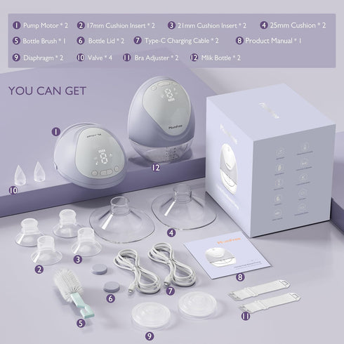 3 Modes/9 25/21/17mm Insert,2 Count Hands Free Breast Pump:Wearable Breast Pump Portable with Levels/LED Display - Low