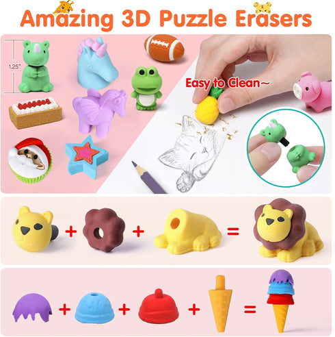120 Pack Animal Pencil Erasers for Kids - Mini Puzzle Erasers, Treasure Box Toys, Game Prize Party Favors