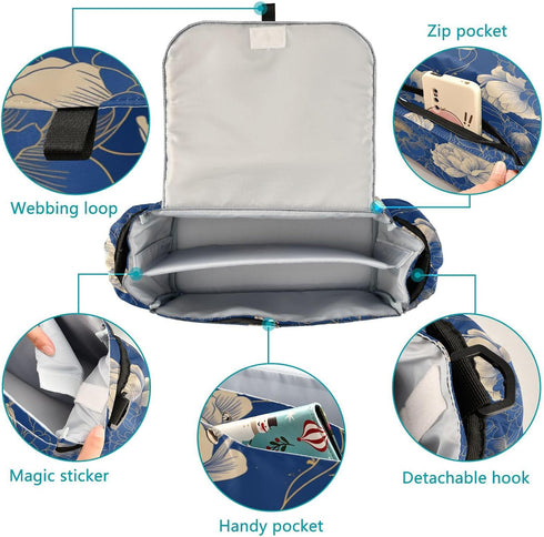 miaozhen Floral2 Navy Blue Gold Peony stroller accessories organizer baby caddy large zip pocket organizador para