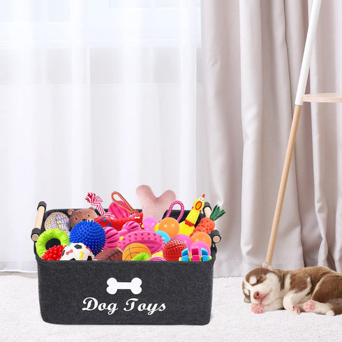 Geyecete Dog Toys Storage Bins with Wooden Handle, Collapsible Pet Supplies Storage Basket (DOG-Dark Grey)