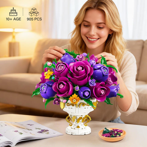 Set 905 18 12+ PLAXSOON Purple Rose Flower Building with Vase, PCS Mothers Day Botanicals Flowers Bouquet Building