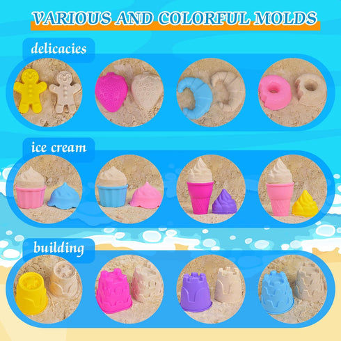 Fegalop 31PCS Set Set Beach Toys for Girls Kids, Collapsible Sand Bucket and Shovels with Watering Can, Ice Cream Cake