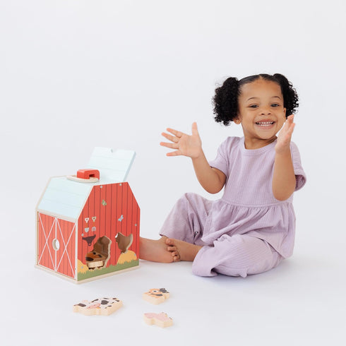 6 2 3 4 Pearhead Farm Animal Shape Sorter Wooden Barn with Chunky Animal Blocks, FSC-Certified, Flip-Up Roof & Carrying