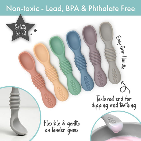 Silicone Chew Spoon Set for Babies and Toddlers - Safety Tested - BPA Free - Microwave, Dishwasher and Freezer Safe - Earth Shades