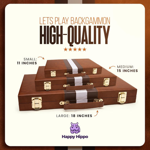 Happy Hippo Backgammon Backgammon (11")) Board Game, Deluxe Leather Like Case, Felt Interior, Brown, Classic Game