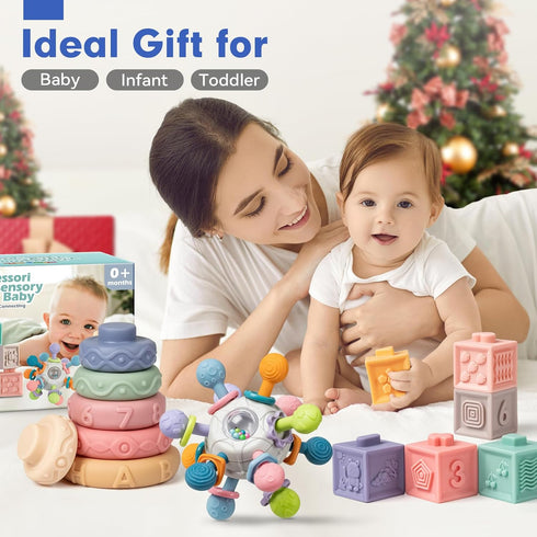 SpringFlower 3 in 1 Montessori Toys for Babies 0-3-6-12 Months, Rattle Teether, Baby Blocks, Soft Stacking Rings