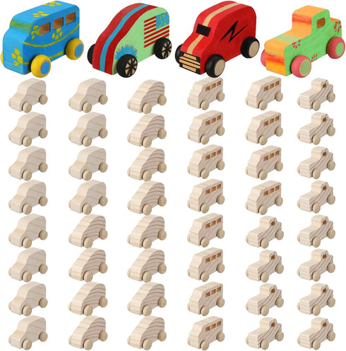 Wettarn 48 Pcs Wood DIY Car Toys, Unfinished Wooden Cars, Paintable Wood Toys for Students Craft Projects