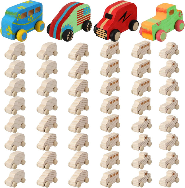 Wettarn 48 Pcs Wood DIY Car Toys, Unfinished Wooden Cars, Paintable Wood Toys for Students Craft Projects