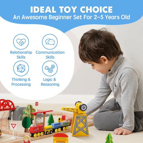 55PCS Set 3-7, Tiny Land Wooden Train - Compatible with Major Brand Tracks, Educational Toy for Toddlers & Kids Ages