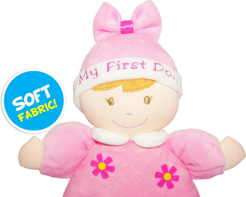 June Garden 9" My First Doll Sienna, Soft Plush Baby Doll with Rattle, Pink Outfit