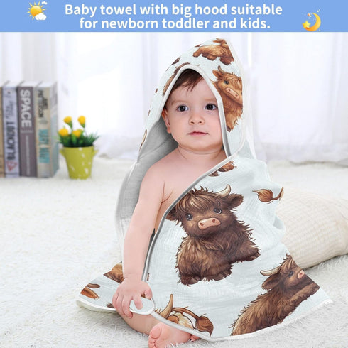 WELLDAY 30x30 Inch Highland Cows Hooded Baby Bath Towels, Cotton Soft Hooded Towel for Babies - Absorbent Baby Bath