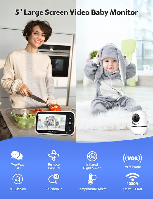 GoodBaby 5" 30-Hour AudioLullabies960 Baby Monitor with Camera and Audio, No WiFi Secure Camera, Battery, Remote PTZ