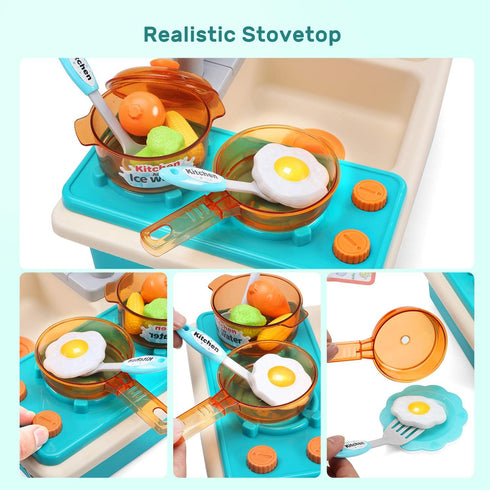 CUTE STONE Play Kitchen Sink Toys with Upgraded Real Faucet, Play Cooking Stove, Cookware Pot and Pan,Play Food, Color