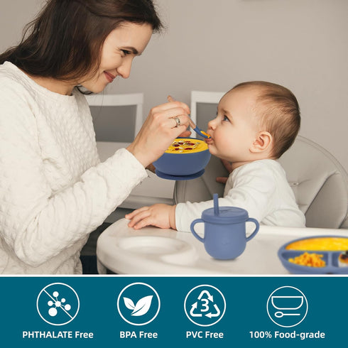 100% Silicone Baby Feeding Set - BPA Free Toddler Dishes with Suction Bowl, Plate, Spoons, Forks, Sippy Cup