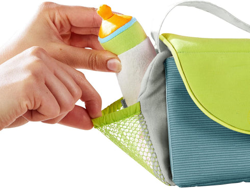 Summer 18 HABA Baby Doll Diaper Bag with Soft Bottle & Reusable Cloth Doll Diapers, Folds into Changing Mat, Meadow