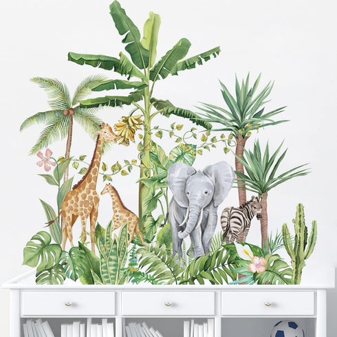 Runtoo Tropical Jungle Animal Wall Decals, Giraffe Elephant Plants Wall Stickers for Kids Room Bedroom Wall Decor