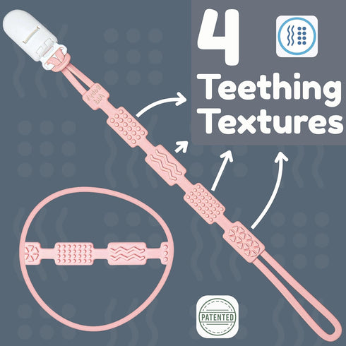 4 Silicone Pacifier Clip with Teething Textures, One-Piece Patented Design, Dishwasher Safe, Secure Plastic Clip, Fits