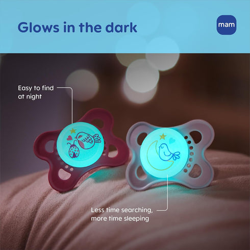 0-6 2 Count, MAM Original Baby Pacifiers Months, Binky for Newborn Babies, BPA-Free Skin Soft Silicone Nipple, Glows