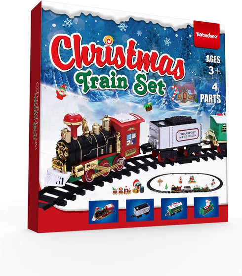 Set 47.2" 4 Set Toyvian Christmas Railway Train with Railway Track & Cars Lights and Sounds Railway,Battery Operated