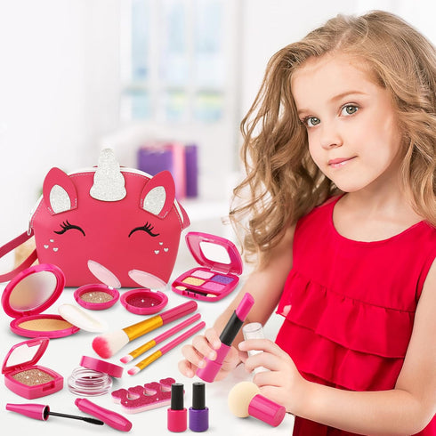Set 3-5 4-6, 3 4 5 6 7 Toddler Pretend Makeup Kit for Girls, Play Makeup for Kids Fake Make up Toy with Unicorn Purse