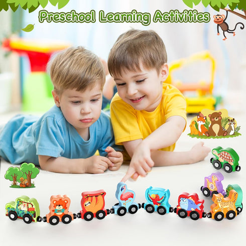 Toys for Toddlers, 11 Magnetic Wooden Animals Train Set, Montessori Learning Activities, Birthday Gifts for Kids