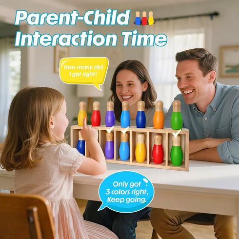 pamexin 7 Family Games for Kids, Wooden Bowling Color Matching Game with Bright Pins and Storage Bag, Family Board