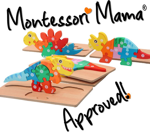 MONTESSORI MAMA Toddler Puzzles - 5-Pack Dinosaur Puzzle for Kids Ages 3-5, Wooden Montessori Toys for 3 Year Olds