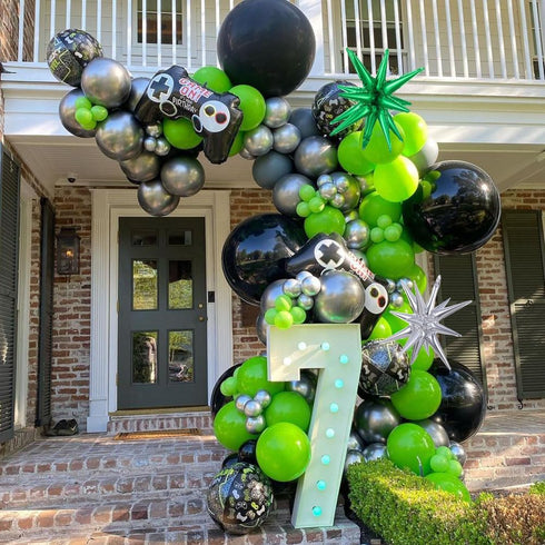 144Pcs Video Game Balloon Arch Garland Kit: Green Black Silver Mylar Balloons for Boys Kids Game On Birthday Party