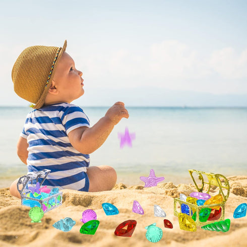 MGparty 24pcs Set Summer Swimming Diving Gem Pool Toys Colorful Diamonds with Pirate Treasure Chest Toy Underwater Toys
