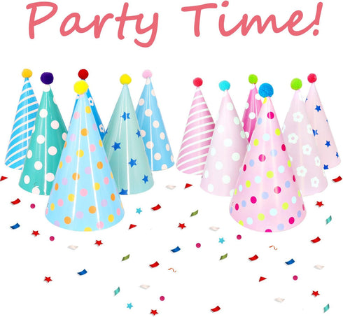 Beurio Party Hats with Pom Poms - Birthday Cone Hats 12 Pack for Kids Adults, Colorful Pastel