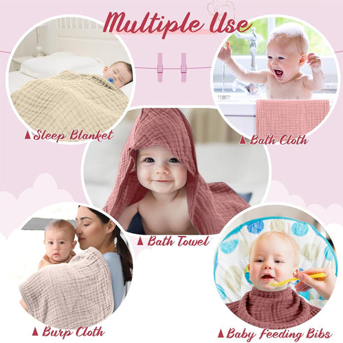 VitalCozy 8 (32 32 Inch,Elegant Pcs Baby Muslin Hooded Bath Towels and Washcloths Muslin Cotton Hooded Baby Towels
