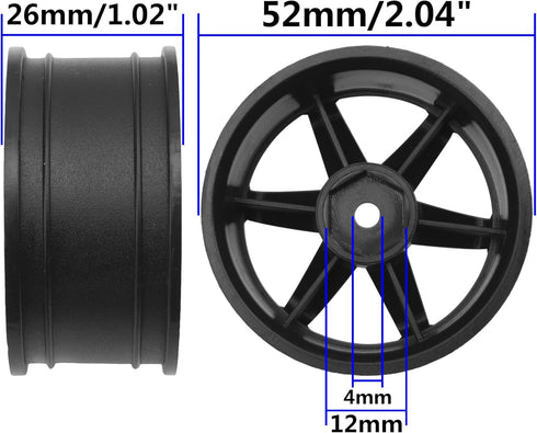 4Pack HIRCQOO RC Plastic Wheel Rims, 12mm Hex Hub OD 52mm Compatible with 1/10 On-Road Racing Touring Drift Car