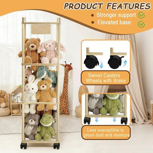 Thick&Thin Stuffed Animal Storage & Organizer, Wooden Zoo Toy Holder with Net, Large Plushies Storage with Wheels