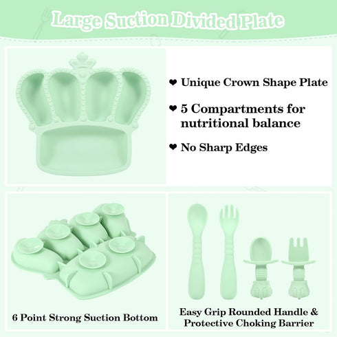 BXLL 10 Set Pcs Green Silicone Baby Feeding - Baby Led Weaning Supplies with Suction Bowl, Divided Plate, Bibs, Fruit