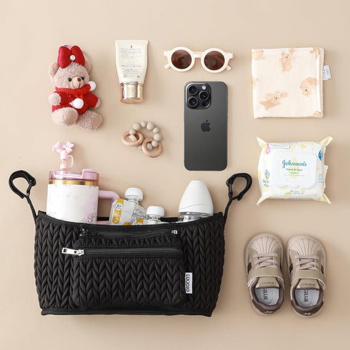 Stroller Organizer - Stylish Quilting Nylon, Universal Fit, Detachable Bag, Adjustable Multi-Storage for Baby Stroller