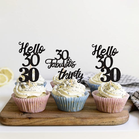 24 PCS 30th Birthday Cupcake Toppers, Hello 30 Cake Topper, Thirty 30 & Fabulous Cupcake Picks, 30th Birthday