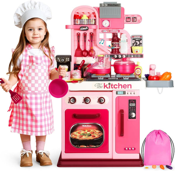 DRAMATION Kids Kitchen Playset, 27.1 Inches Play Kitchen with Sound and Light,