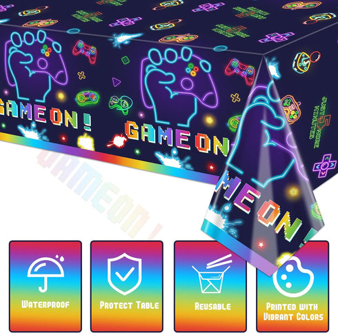 4Pcs Video Game Party Tablecloth - Neon Game On Rectangular Table Covers for Kids Birthday Party Decorations