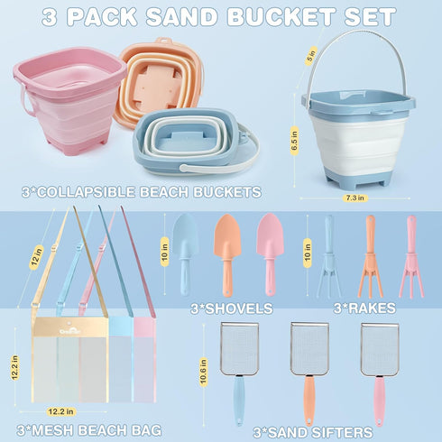 Set 3 Pack Beach Sand Toys Mesh Shovel for Kids, Collapsible Sand Buckets and Filter Sand Scooper with Mesh Bag