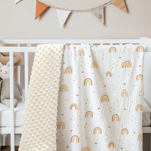 30x40 inches, Rainbow Baby Blankets for Girls, Soft Nursery Minky Blankets with Muslin and Dotted Fleece Back Receiving