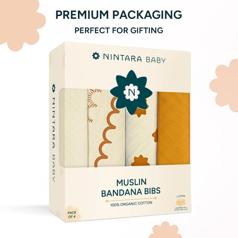 100% 7-Layers 0-3, Pack 4 Bandana Bibs - Organic Premium Muslin Cotton, Absorbent, Soft, Adjustable Snap Buttons