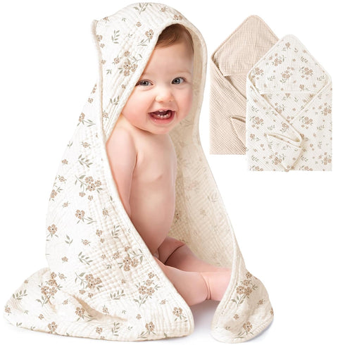 Konssy 2-Pack Muslin Hooded Baby Towels, 100% Cotton, Ultra-Soft & Absorbent Baby