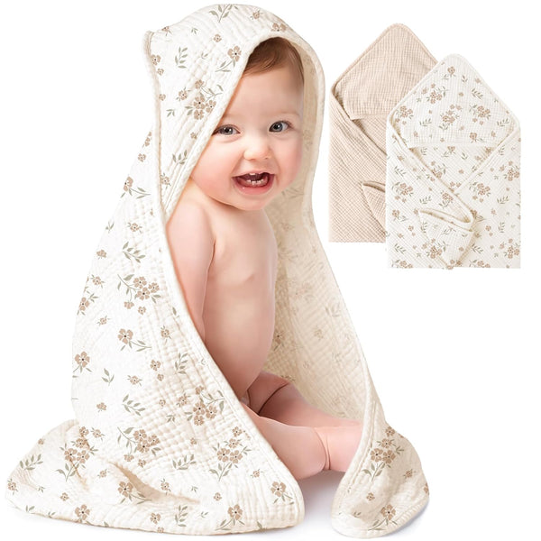 Konssy 2-Pack Muslin Hooded Baby Towels, 100% Cotton, Ultra-Soft & Absorbent Baby