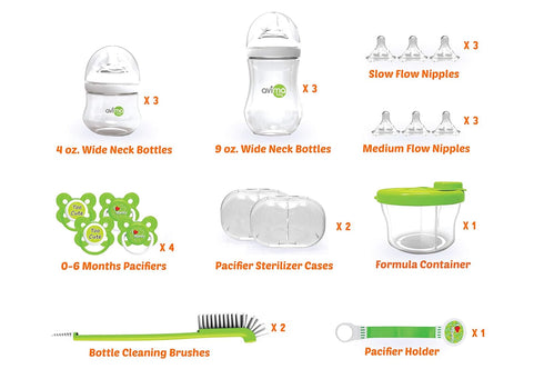 Avima Newborn Baby Bottle Starter Set - Anti-Colic Wide Neck Bottles with Slow and Medium Flow Nipples, 22 Piece