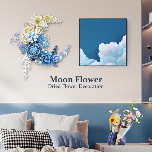 SUNHABI Set Flower Building for Adults, Crescent Moon Botanical Art Display, Creative Floral Home Dcor for Table