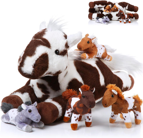 Lenwen 5 Pcs Horse Stuffed Animals Plush Toy Set, Large Mommy Horse with 4 Cute Babies for Toddlers (Lively)