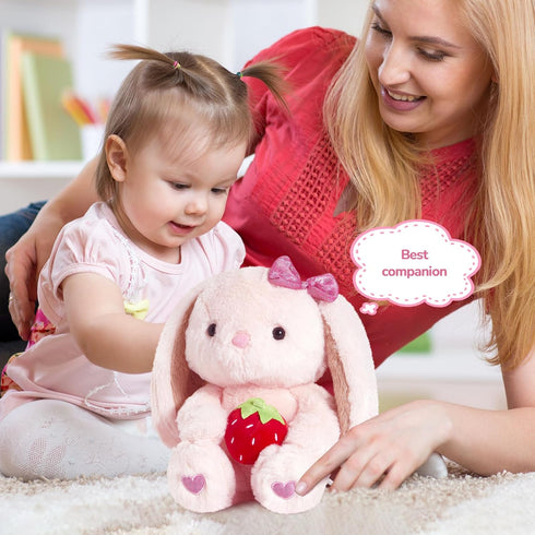 10" Plush Bunny Rabbit Stuffed Animal, Pink Easter Floppy Ear Bunny with Strawberry Gifts for Kids