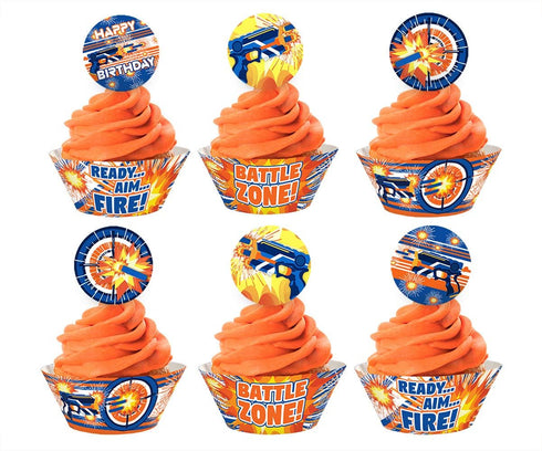Dart War Cupcake Kit - 48 pieces with 24 Cupcake Toppers and 24 Cupcake Wrappers for Dart War Party Decorations